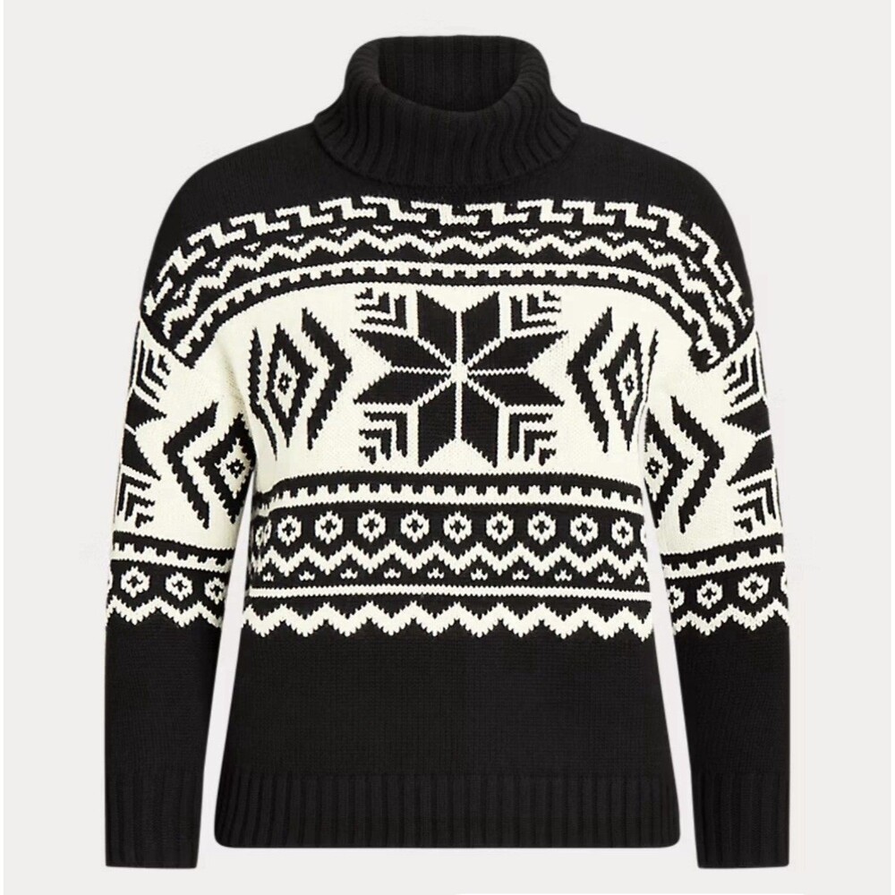 Lauren Ralph Lauren Black Label Sweater Women's Small Black Turtleneck Fair Isle